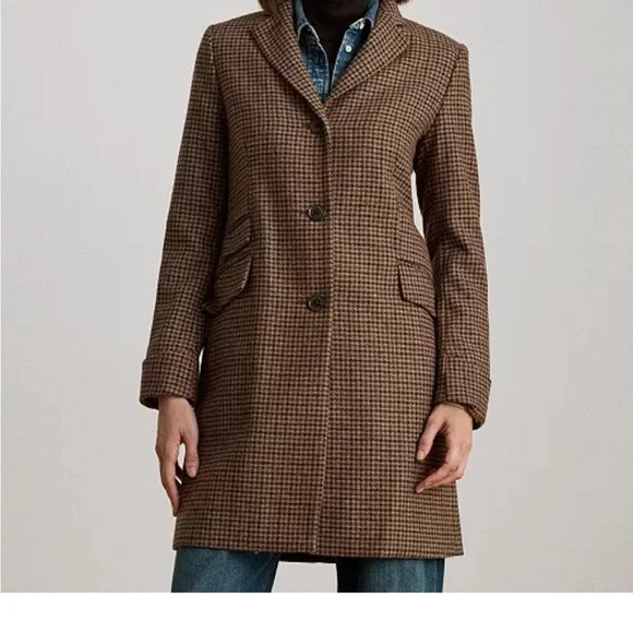 Ralph Lauren Brown Houndstooth Trench Coat - Picture 1 of 4